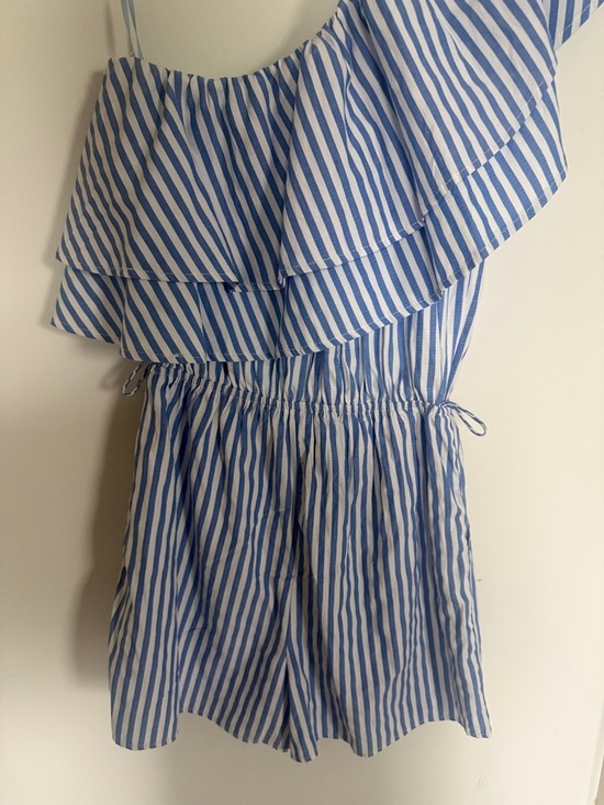 MOD Blue Striped One Shoulder Romper Ruffle Detail | Summer Vacation Size S - Picture 4 of 5